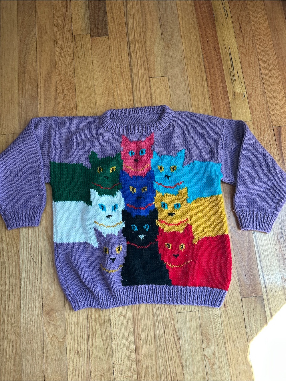 Vintage Hand Knit Cat Sweater Purple Colorblock Novelty Cats Small Medium